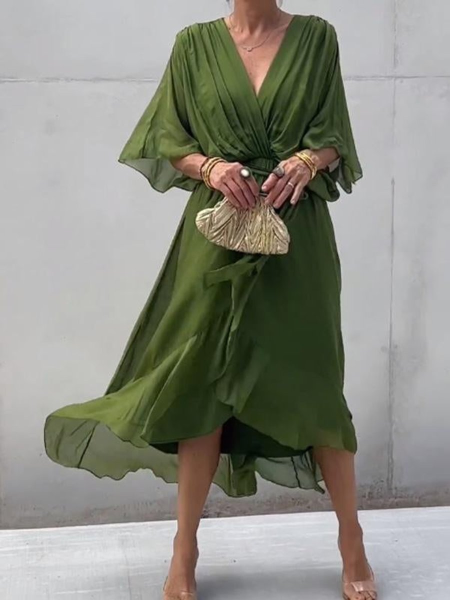 Sophie | Robe de cocktail en chiffon pour femmes, décolleté en V, ceinture à la taille, midi