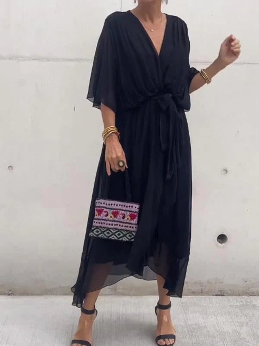 Sophie | Robe de cocktail en chiffon pour femmes, décolleté en V, ceinture à la taille, midi