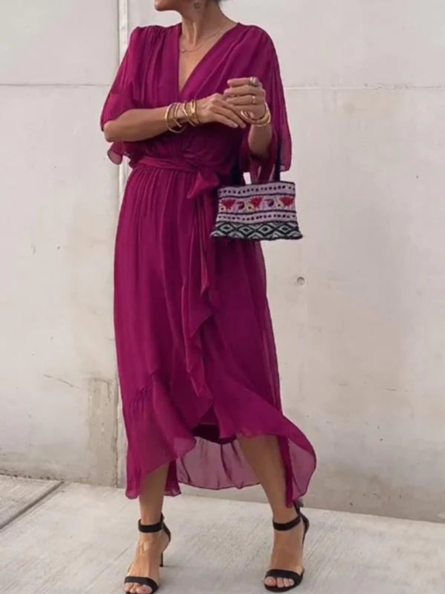 Sophie | Robe de cocktail en chiffon pour femmes, décolleté en V, ceinture à la taille, midi