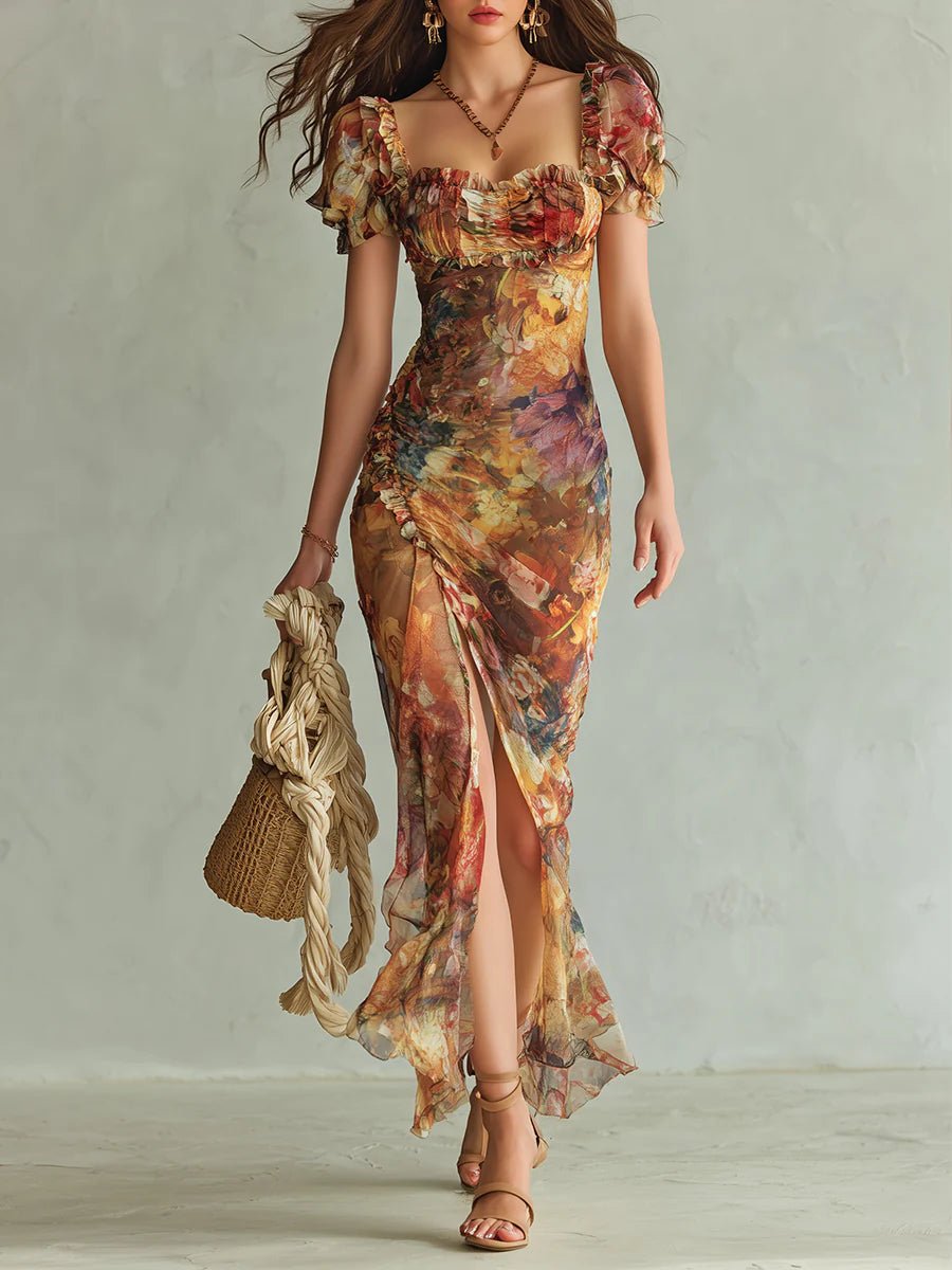 Frieda | Robe Maxi Chiffon Femme Décolleté en Cœur Volants Motif Floral