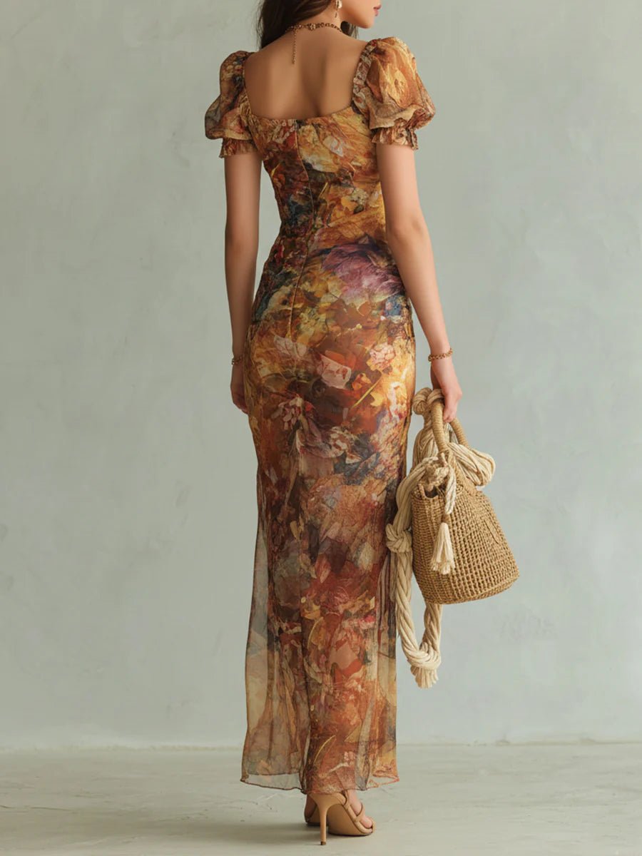 Frieda | Robe Maxi Chiffon Femme Décolleté en Cœur Volants Motif Floral