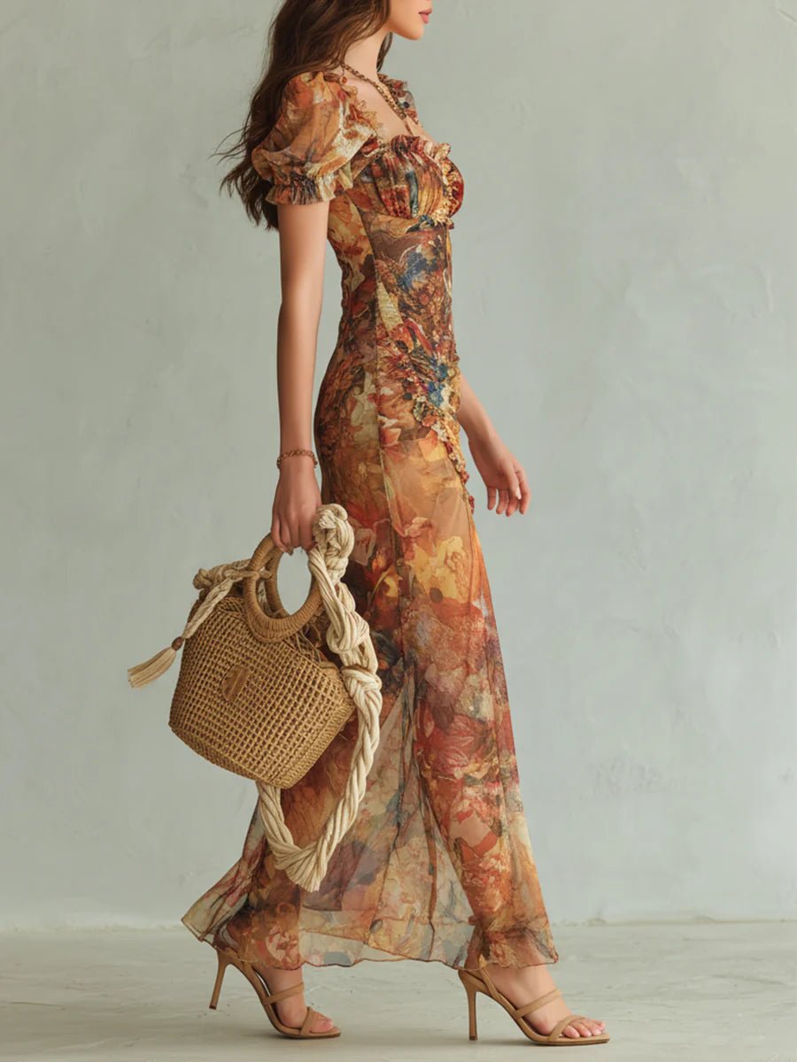 Frieda | Robe Maxi Chiffon Femme Décolleté en Cœur Volants Motif Floral