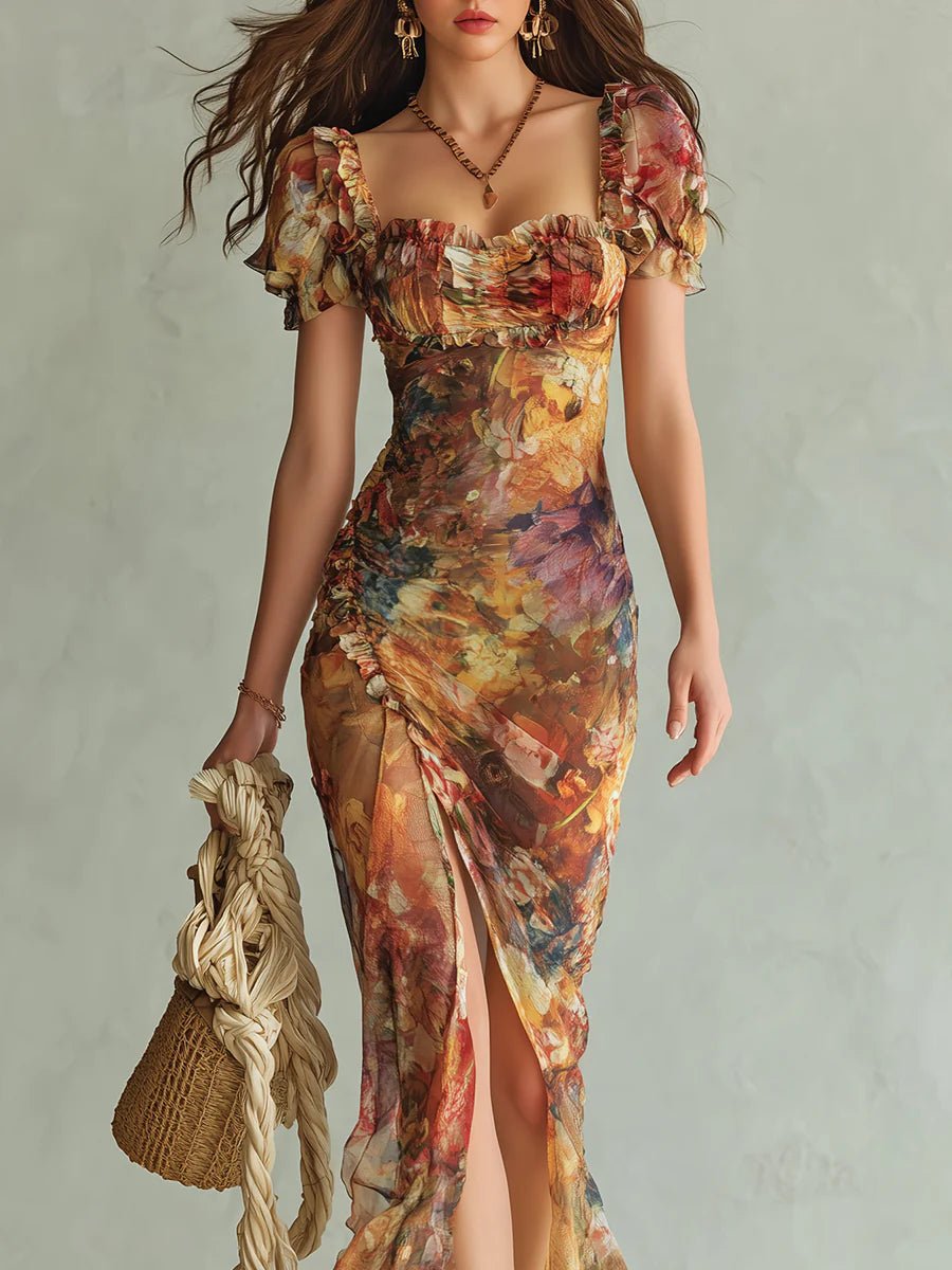 Frieda | Robe Maxi Chiffon Femme Décolleté en Cœur Volants Motif Floral