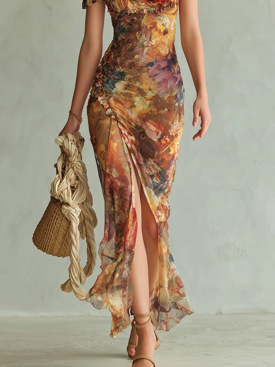 Frieda | Robe Maxi Chiffon Femme Décolleté en Cœur Volants Motif Floral