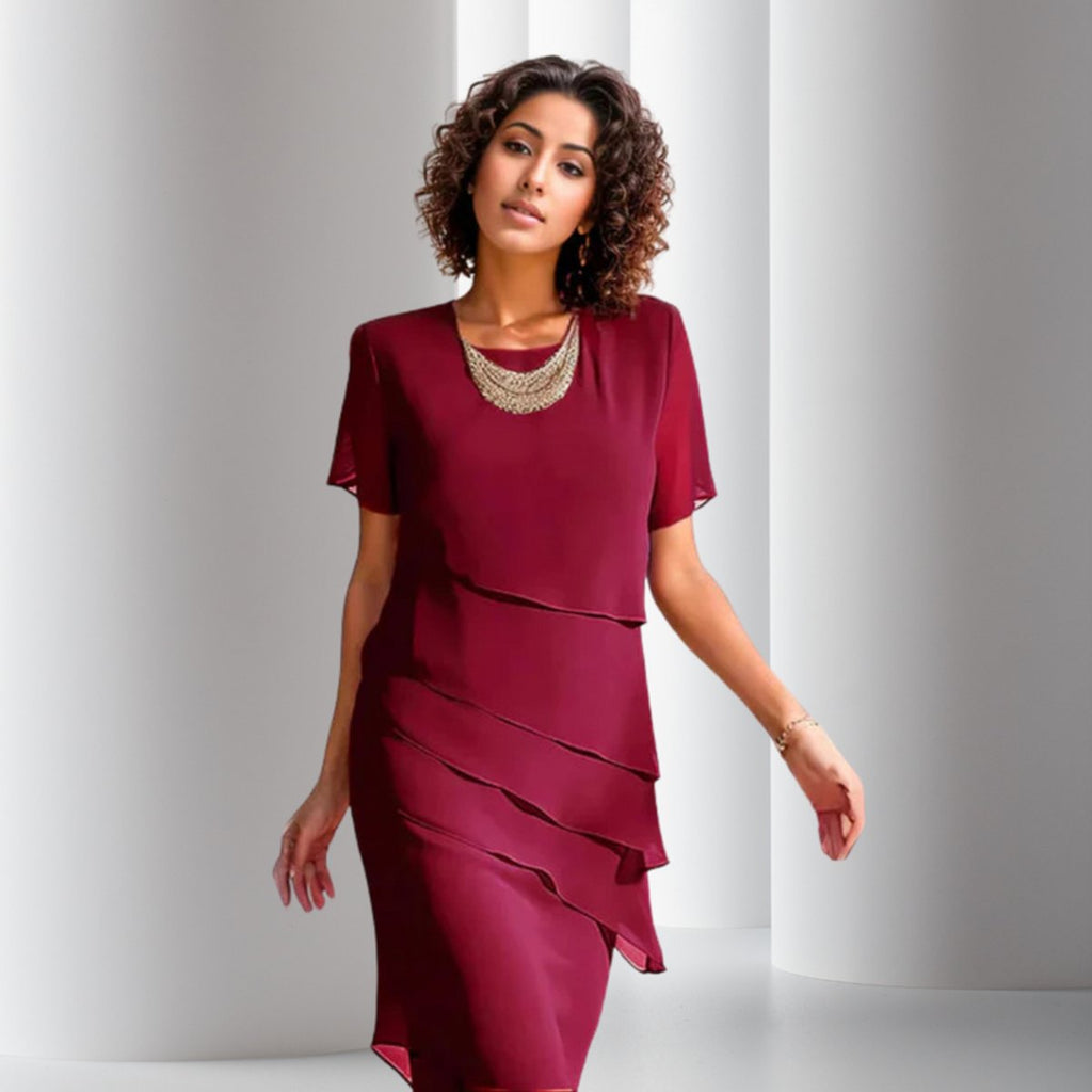 Emilia | Robe de cocktail femme en chiffon superposée à manches courtes