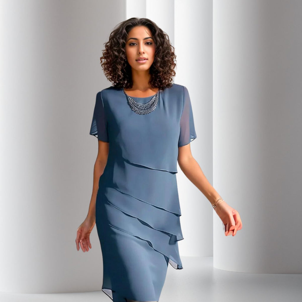 Emilia | Robe de cocktail femme en chiffon superposée à manches courtes