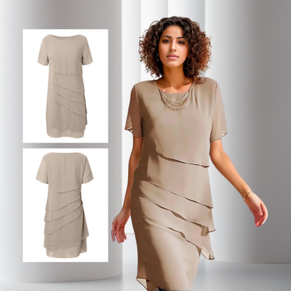 Emilia | Robe de cocktail femme en chiffon superposée à manches courtes
