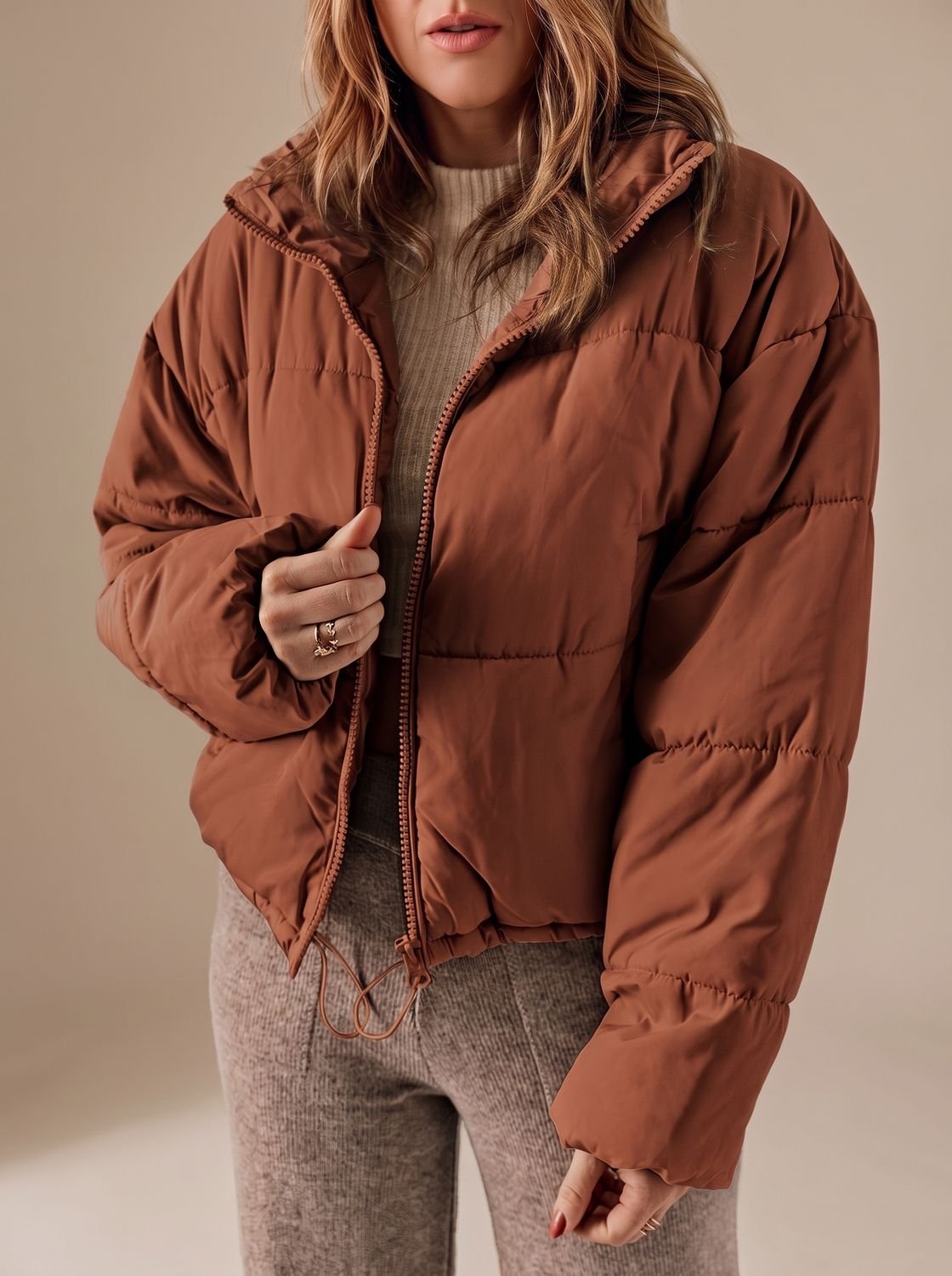 Annika | Veste d'hiver cropped oversized pour femmes avec fermeture éclair
