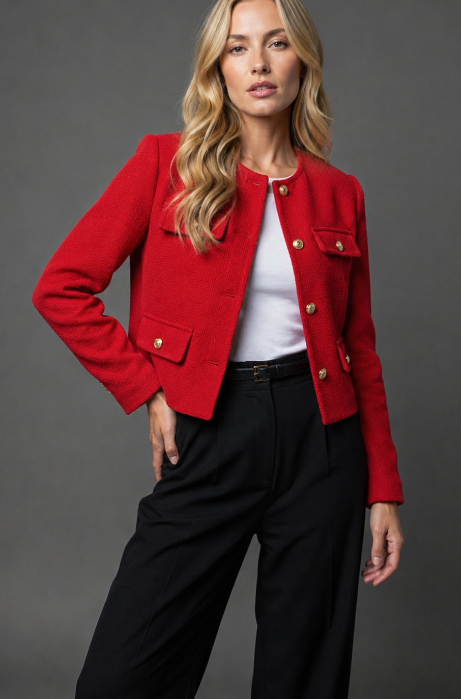 Johanna | Veste Croppée en Tweed pour Femmes avec Boutons Dorés et Poches à Rabat
