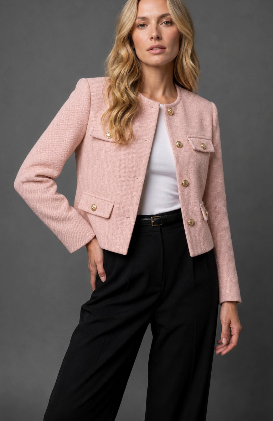 Johanna | Veste Croppée en Tweed pour Femmes avec Boutons Dorés et Poches à Rabat