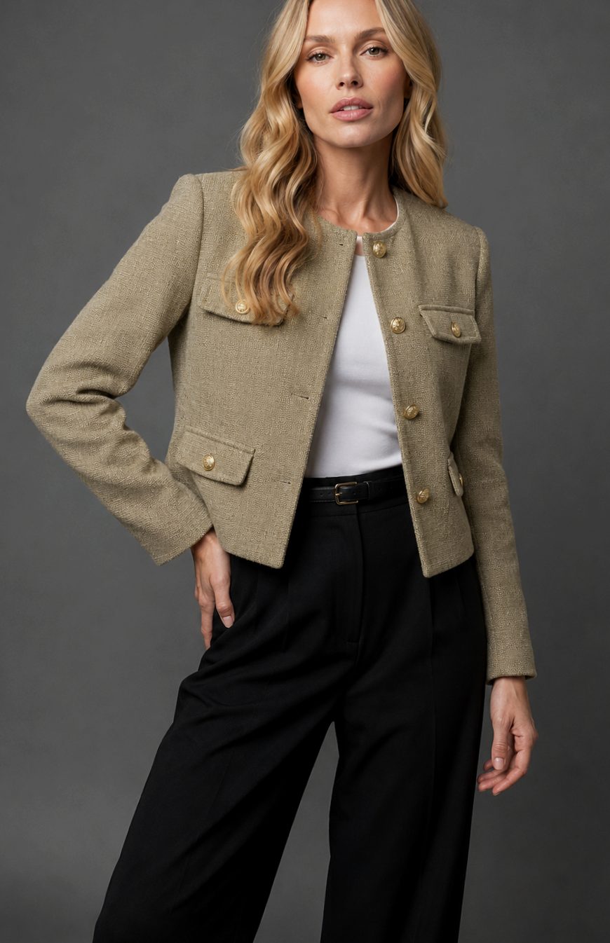 Johanna | Veste Croppée en Tweed pour Femmes avec Boutons Dorés et Poches à Rabat