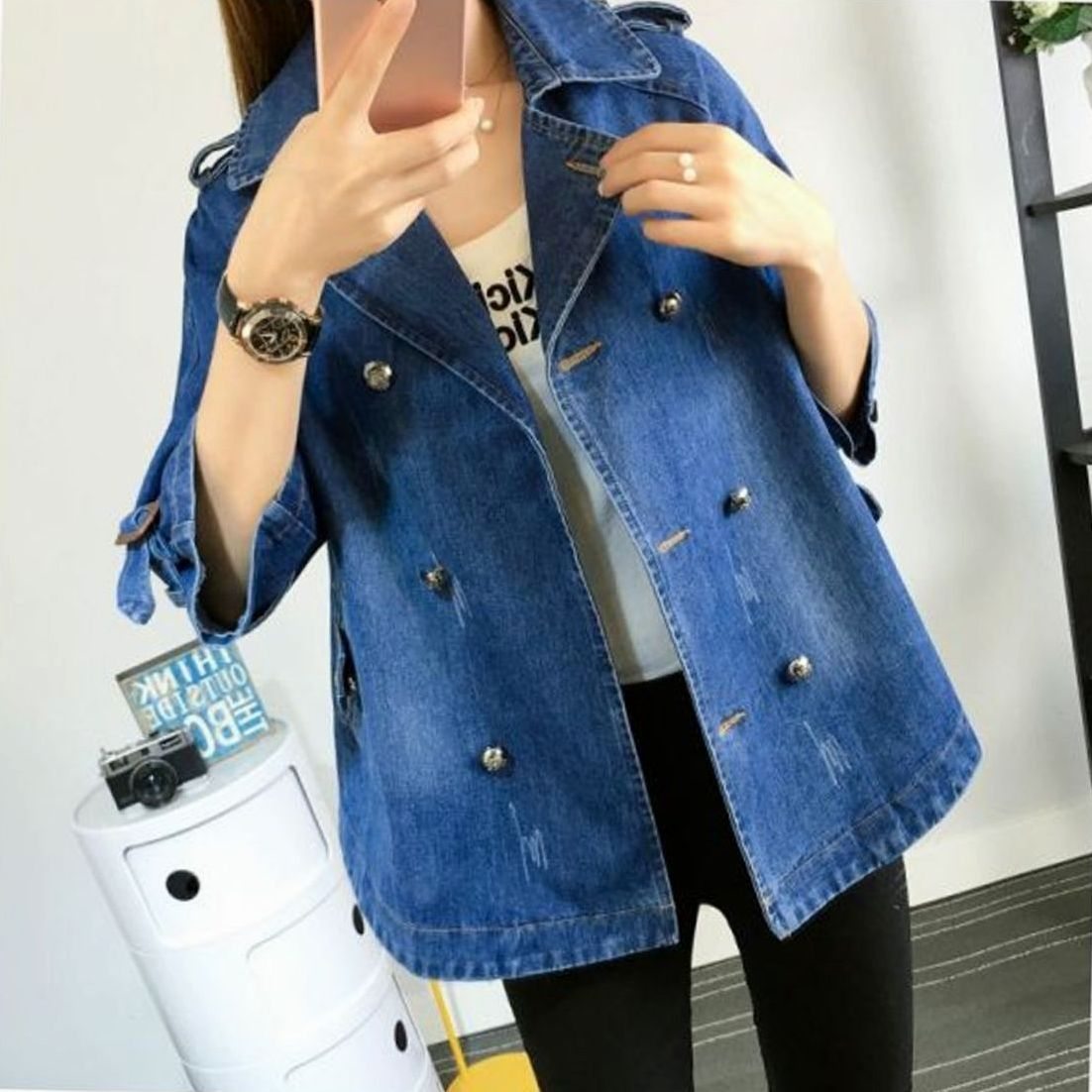 Sophie | Manteau en Denim pour Femmes, Cape Oversized, Double Boutonnage, Lavage Vintage