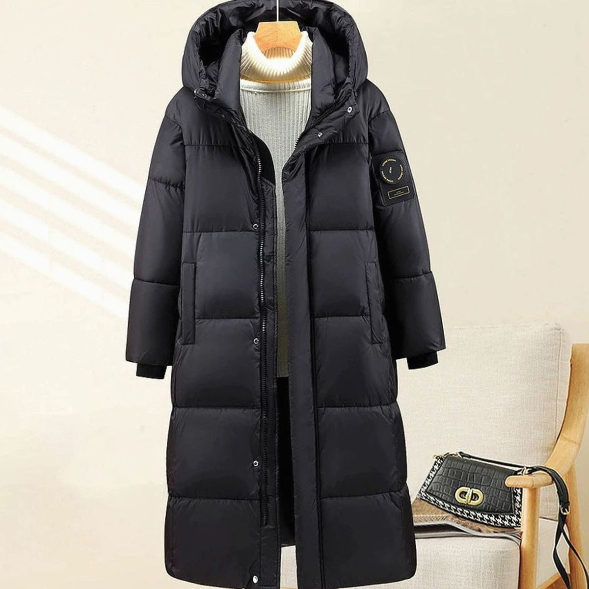 Marie | Parka d'hiver matelassé extra long pour femmes avec capuche et poignets côtelés