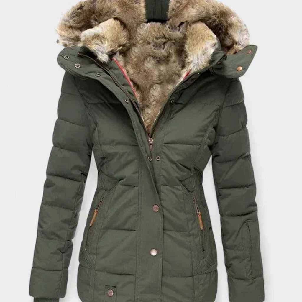 Marlene | Veste d'hiver pour femmes avec capuche en fausse fourrure et taille cintrée