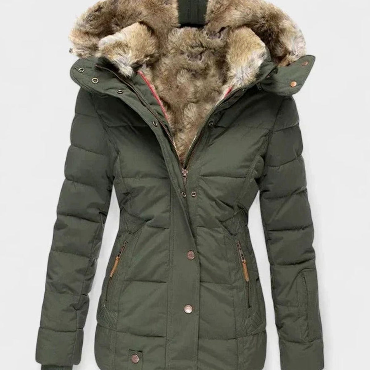 Marlene | Veste d'hiver pour femmes avec capuche en fausse fourrure et taille cintrée