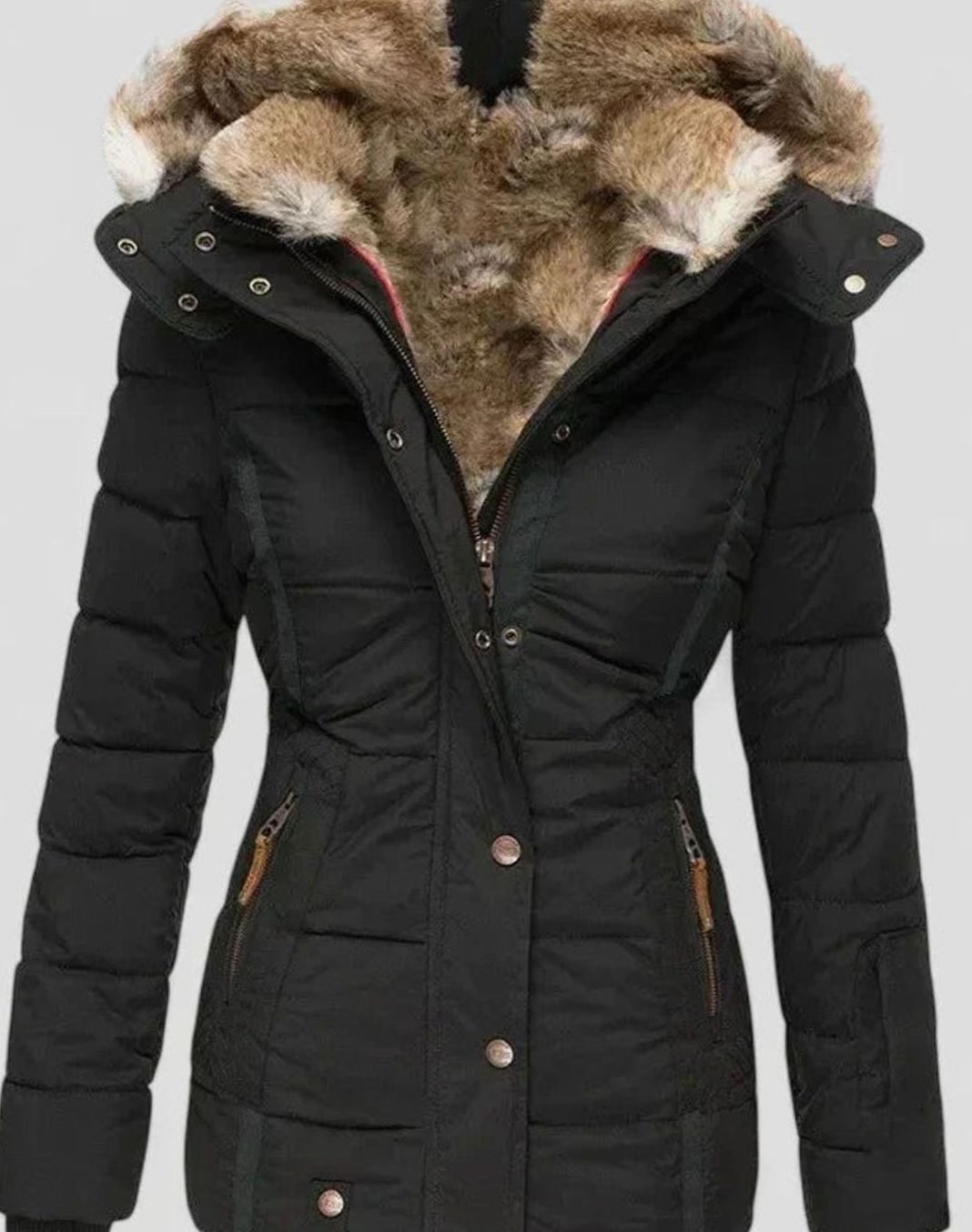 Marlene | Veste d'hiver pour femmes avec capuche en fausse fourrure et taille cintrée