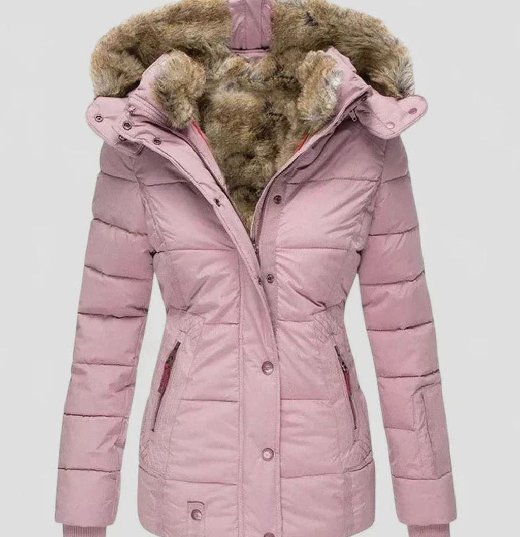 Marlene | Veste d'hiver pour femmes avec capuche en fausse fourrure et taille cintrée