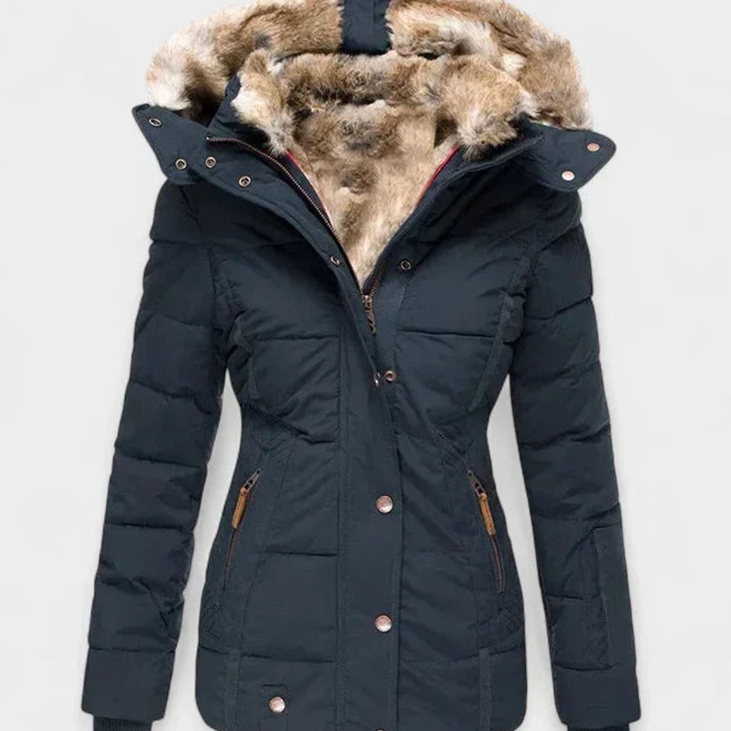 Marlene | Veste d'hiver pour femmes avec capuche en fausse fourrure et taille cintrée