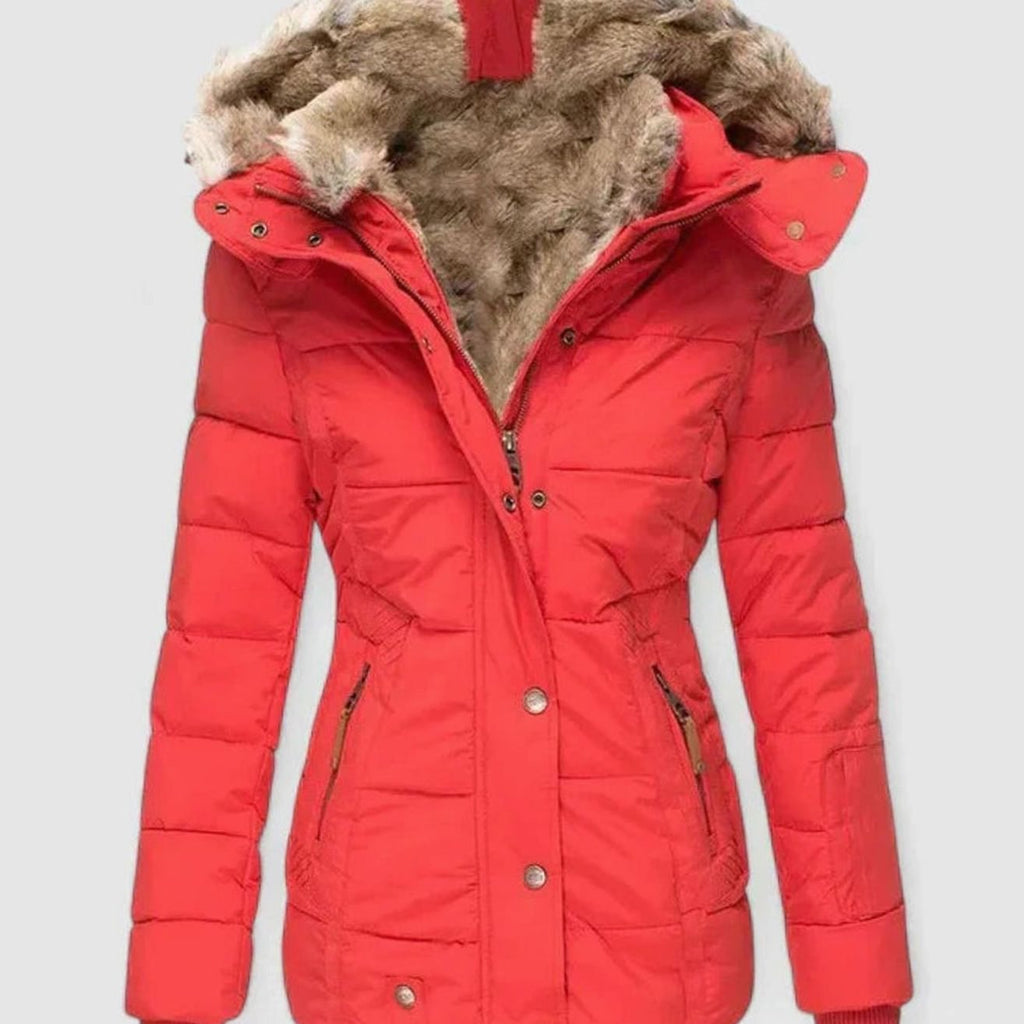 Marlene | Veste d'hiver pour femmes avec capuche en fausse fourrure et taille cintrée
