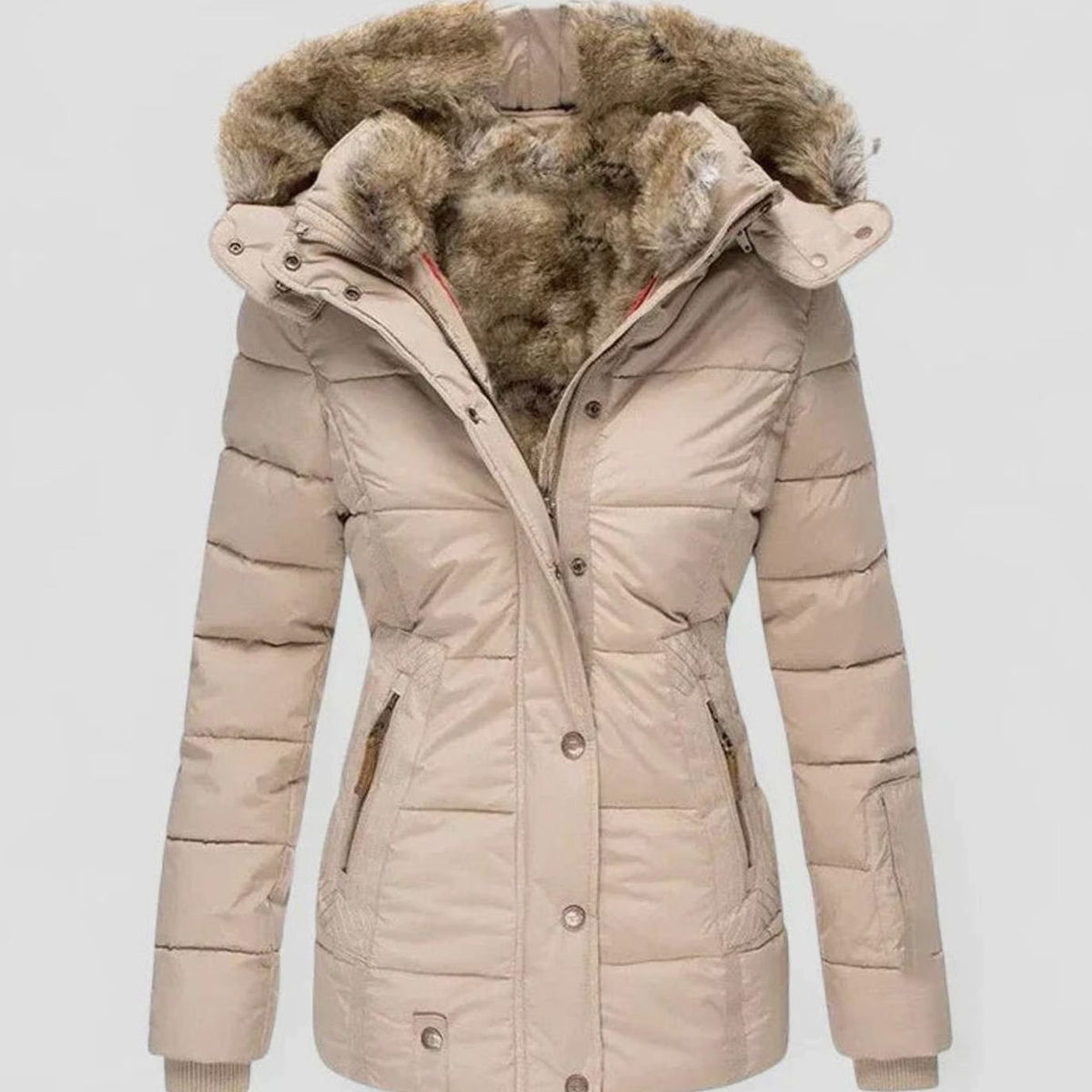 Marlene | Veste d'hiver pour femmes avec capuche en fausse fourrure et taille cintrée