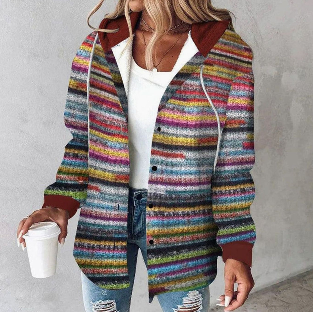 Emilia | Veste à Capuche Rayée pour Femmes Multicolore Boutonnée