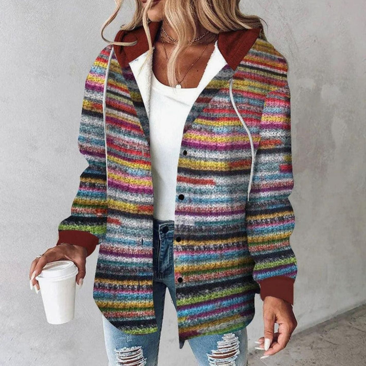 Emilia | Veste à Capuche Rayée pour Femmes Multicolore Boutonnée