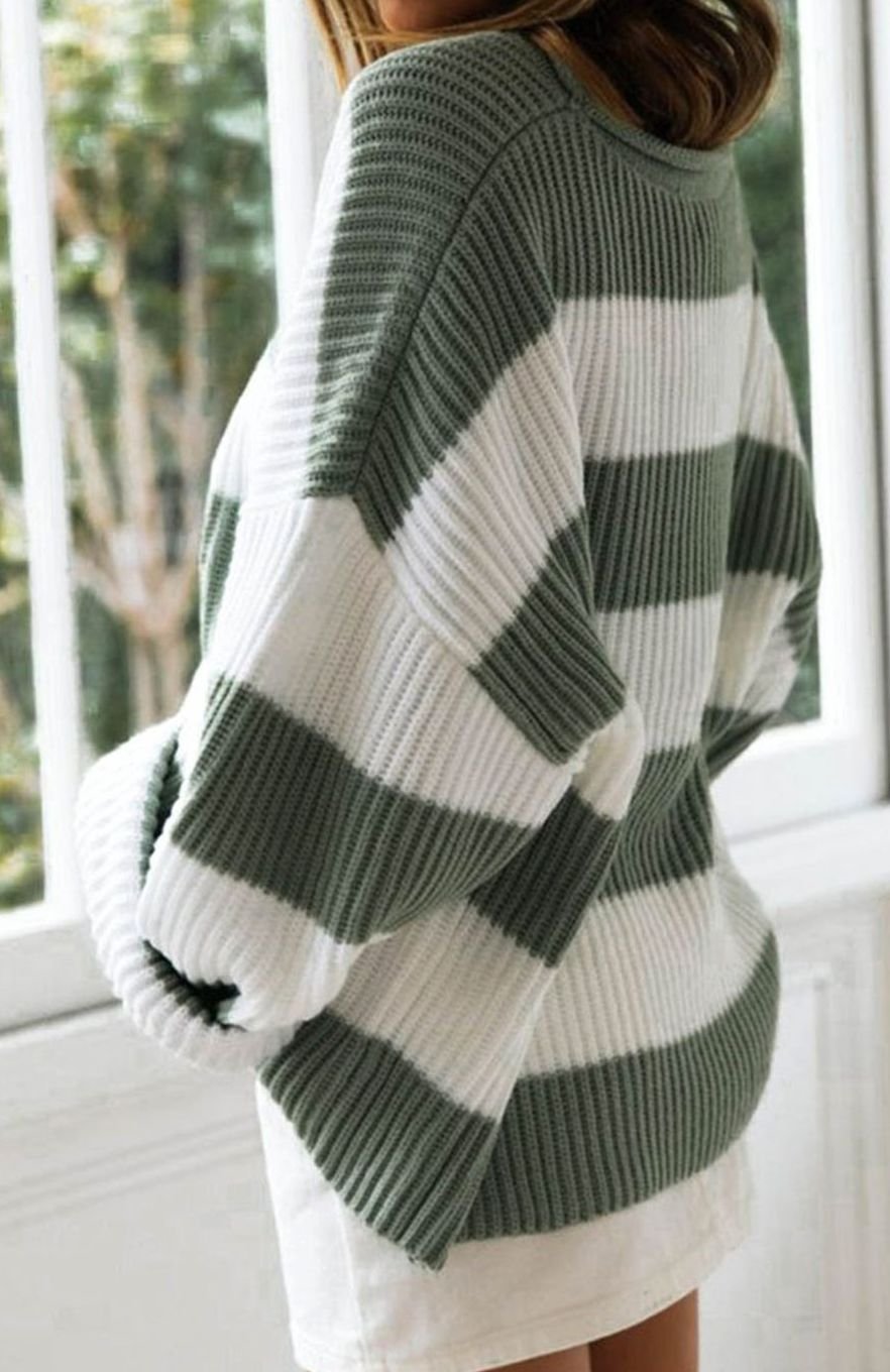 Greta | Pull en tricot oversized rayé pour femmes, col rond, manches longues