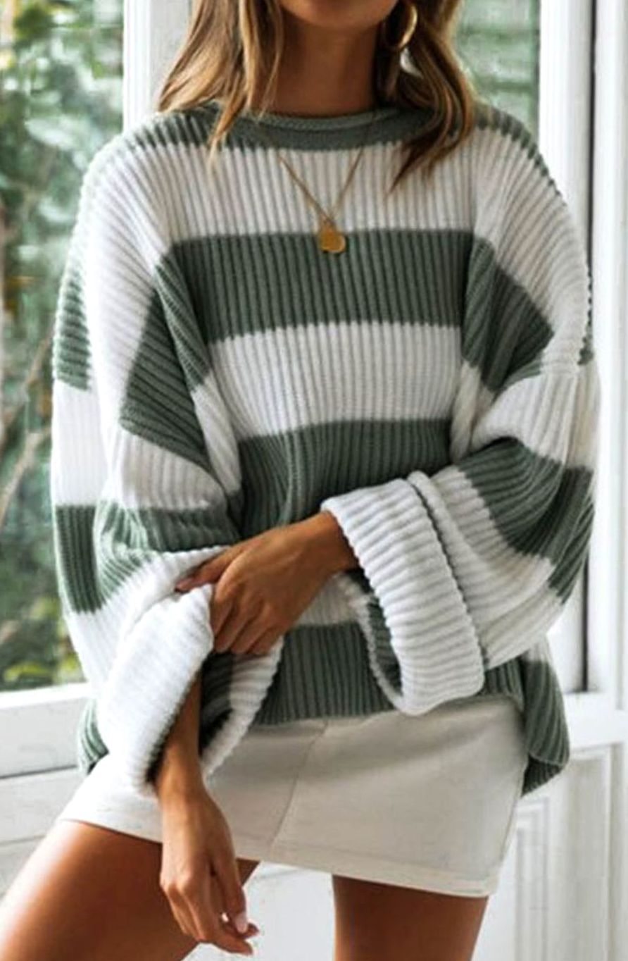 Greta | Pull en tricot oversized rayé pour femmes, col rond, manches longues