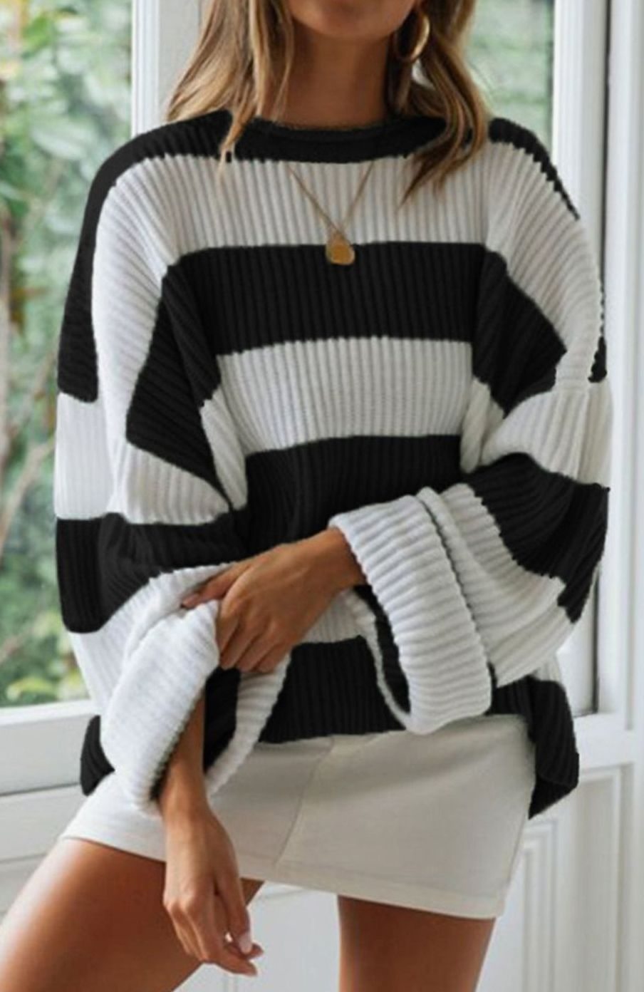 Greta | Pull en tricot oversized rayé pour femmes, col rond, manches longues