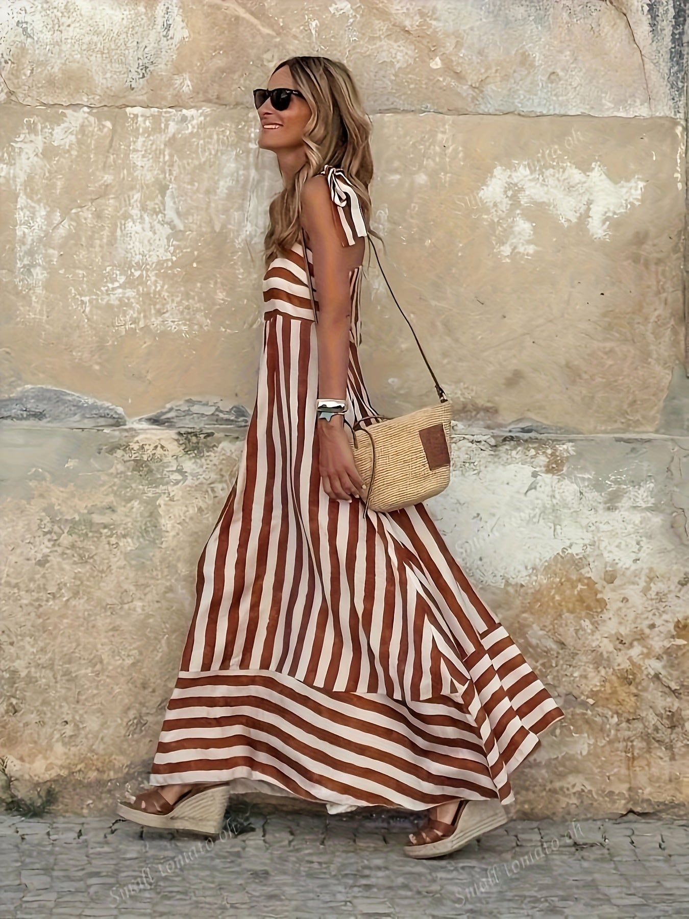 Luisa | Robe Maxi Rayée Femme avec Bretelles Spaghetti à Nouer