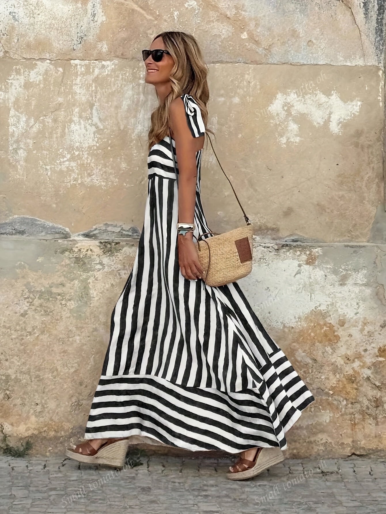 Luisa | Robe Maxi Rayée Femme avec Bretelles Spaghetti à Nouer