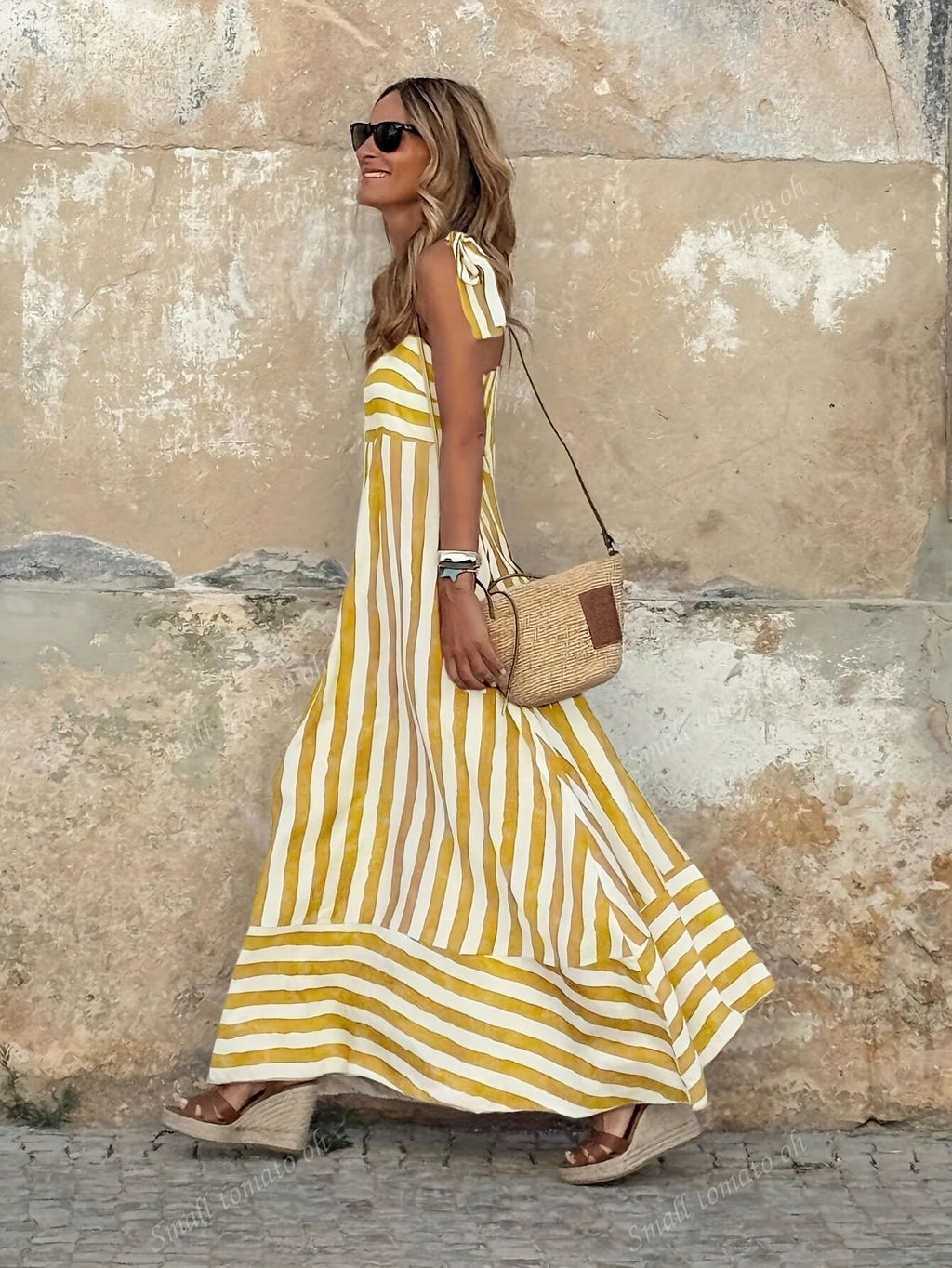 Luisa | Robe Maxi Rayée Femme avec Bretelles Spaghetti à Nouer