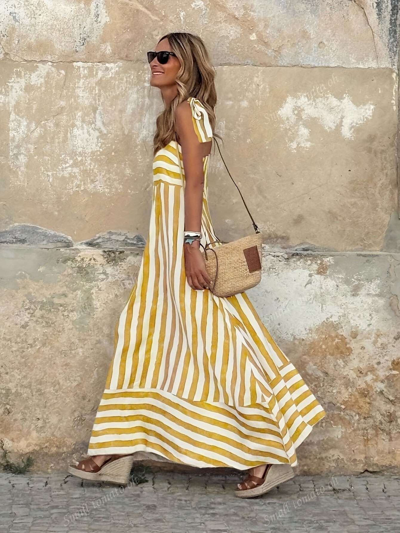 Luisa | Robe Maxi Rayée Femme avec Bretelles Spaghetti à Nouer