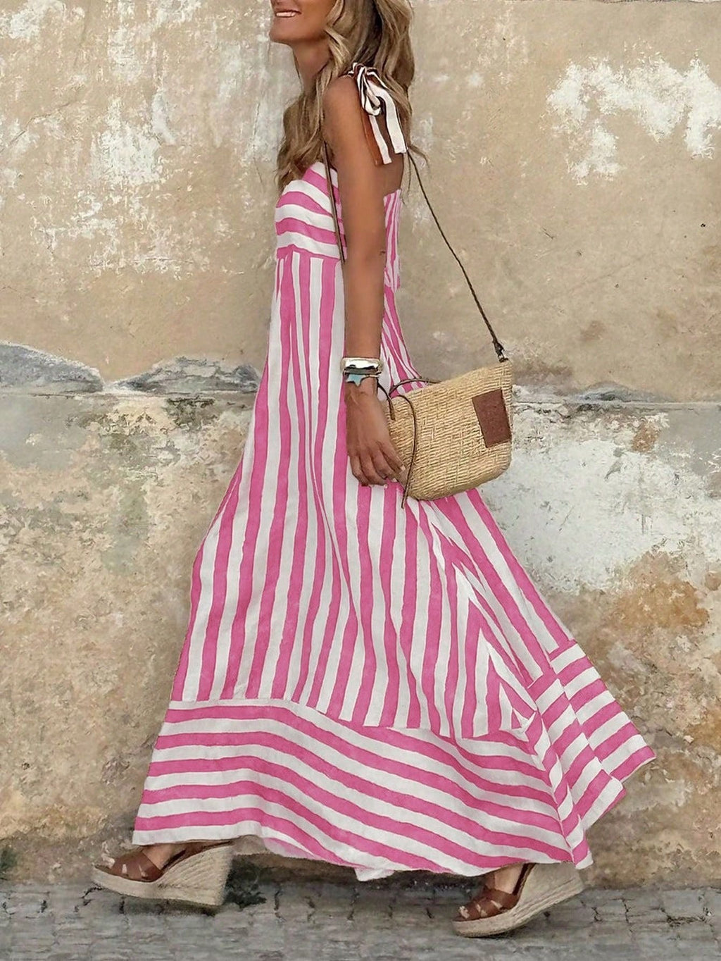 Luisa | Robe Maxi Rayée Femme avec Bretelles Spaghetti à Nouer