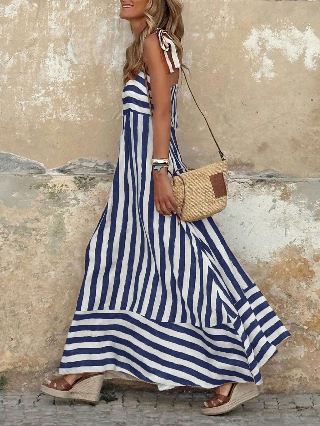 Luisa | Robe Maxi Rayée Femme avec Bretelles Spaghetti à Nouer