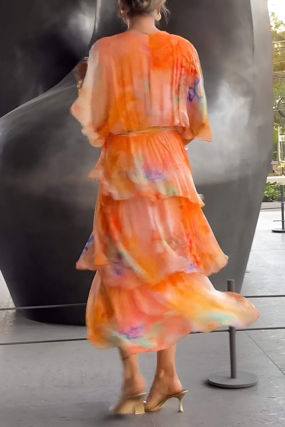 Lena | Robe Maxi en Chiffon à Volants pour Femmes à Manches Longues et Décolleté en V