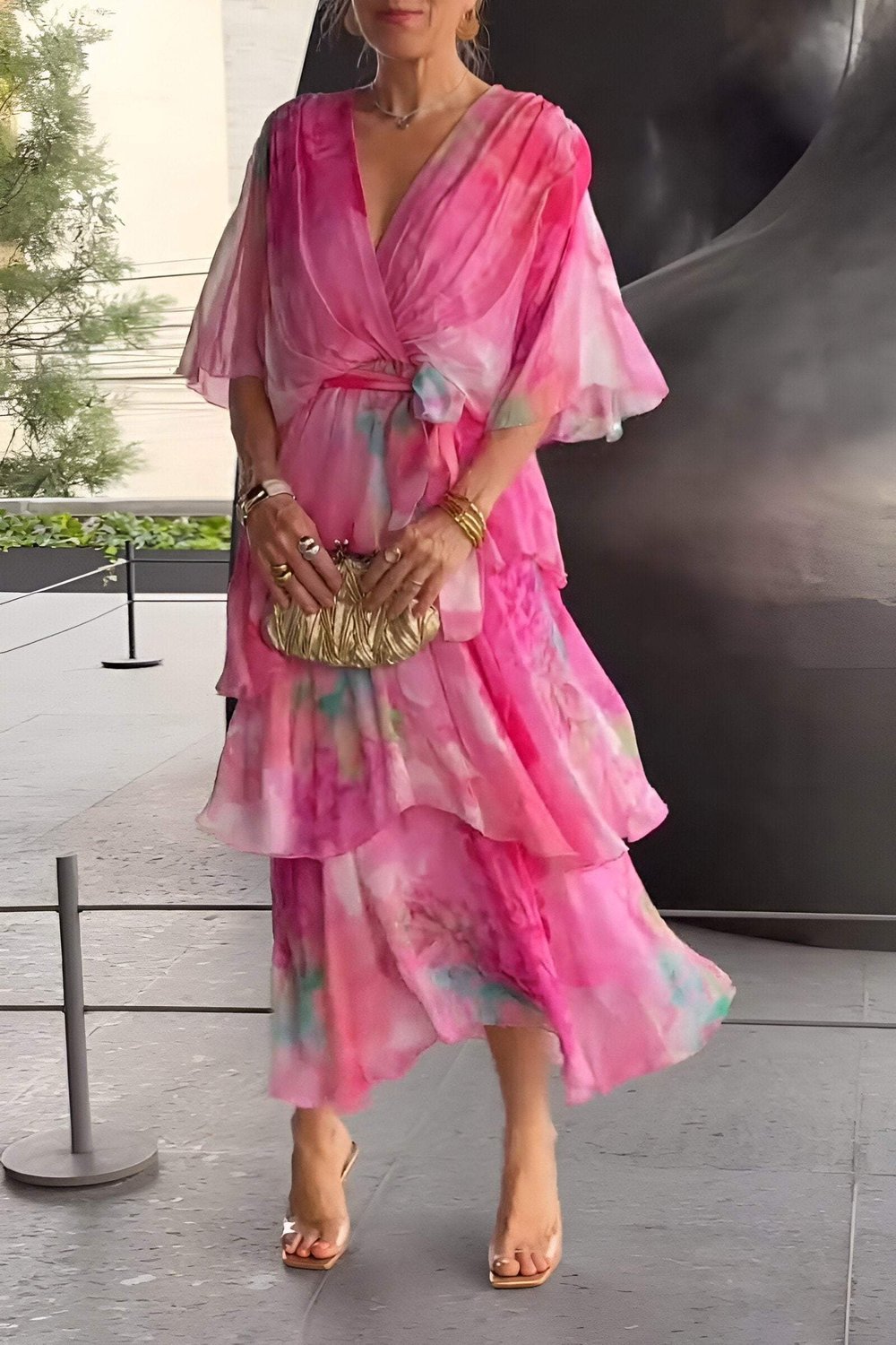 Lena | Robe Maxi en Chiffon à Volants pour Femmes à Manches Longues et Décolleté en V