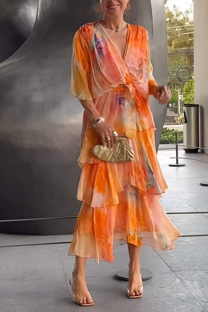 Lena | Robe Maxi en Chiffon à Volants pour Femmes à Manches Longues et Décolleté en V