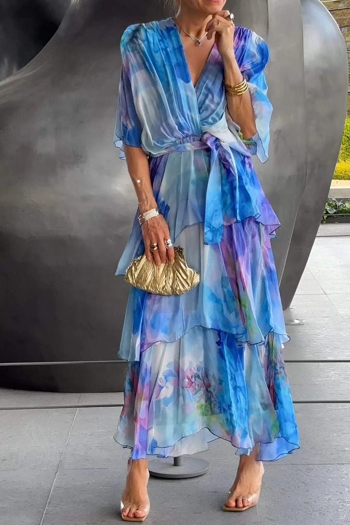 Lena | Robe Maxi en Chiffon à Volants pour Femmes à Manches Longues et Décolleté en V