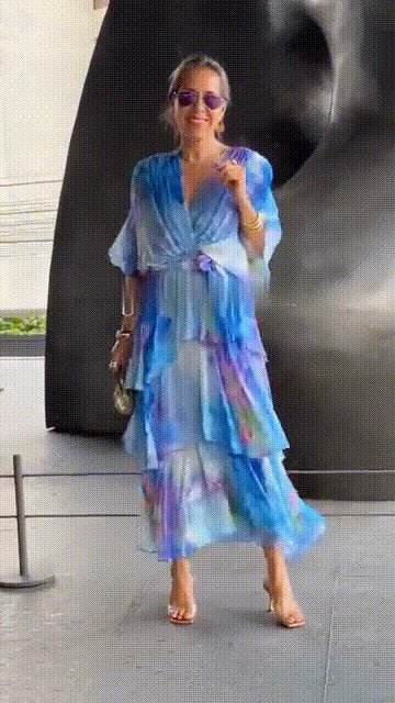 Lena | Robe Maxi en Chiffon à Volants pour Femmes à Manches Longues et Décolleté en V