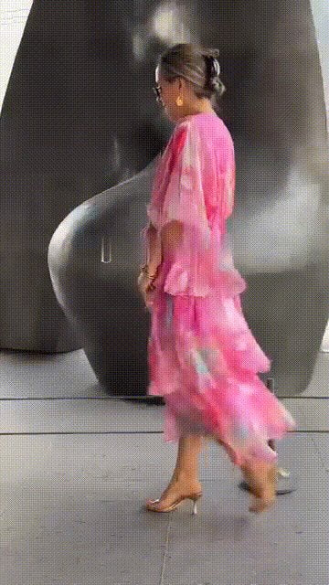 Lena | Robe Maxi en Chiffon à Volants pour Femmes à Manches Longues et Décolleté en V