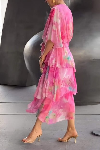 Lena | Robe Maxi en Chiffon à Volants pour Femmes à Manches Longues et Décolleté en V