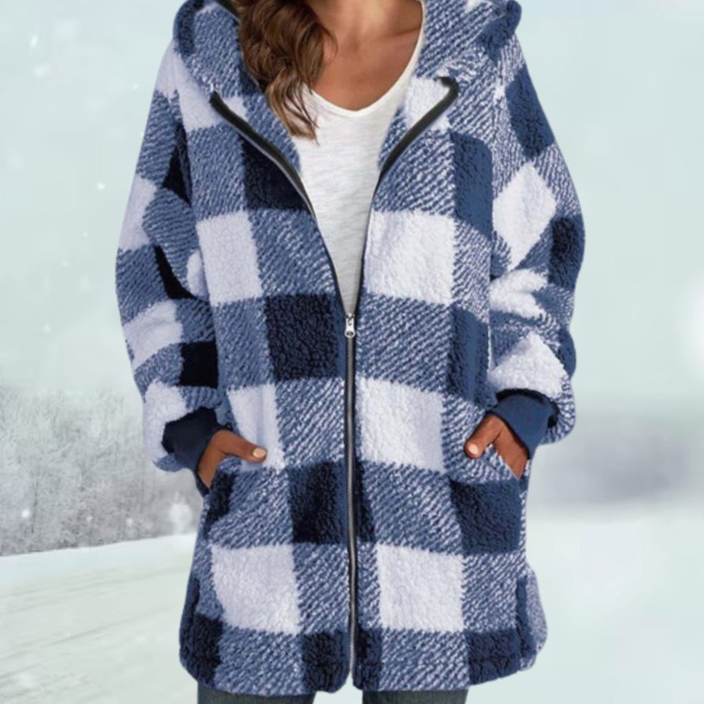 Greta | Manteau à capuche en polaire à carreaux pour femmes avec fermeture éclair