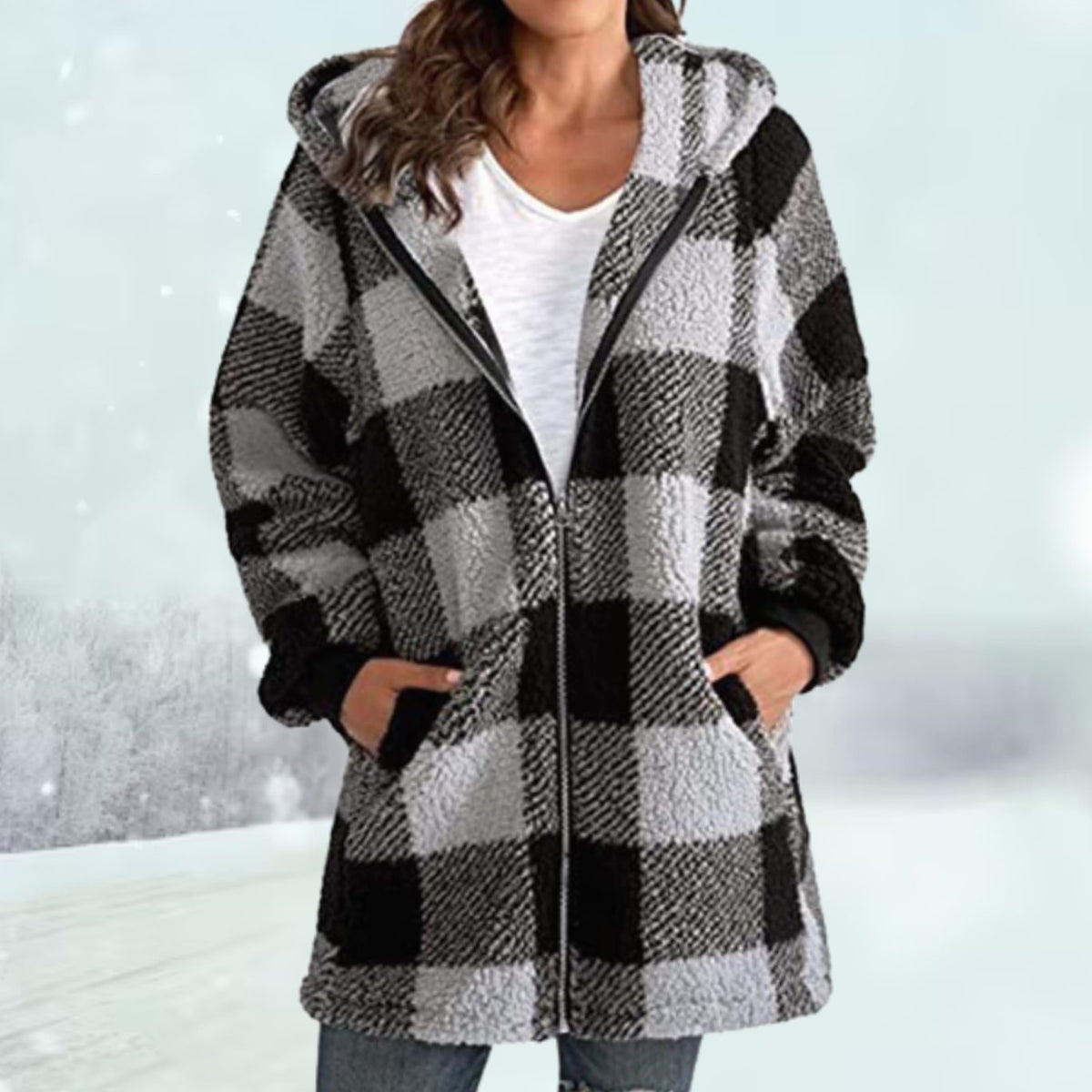 Greta | Manteau à capuche en polaire à carreaux pour femmes avec fermeture éclair