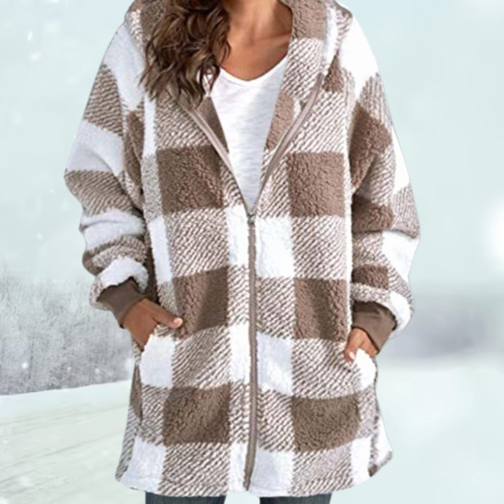Greta | Manteau à capuche en polaire à carreaux pour femmes avec fermeture éclair