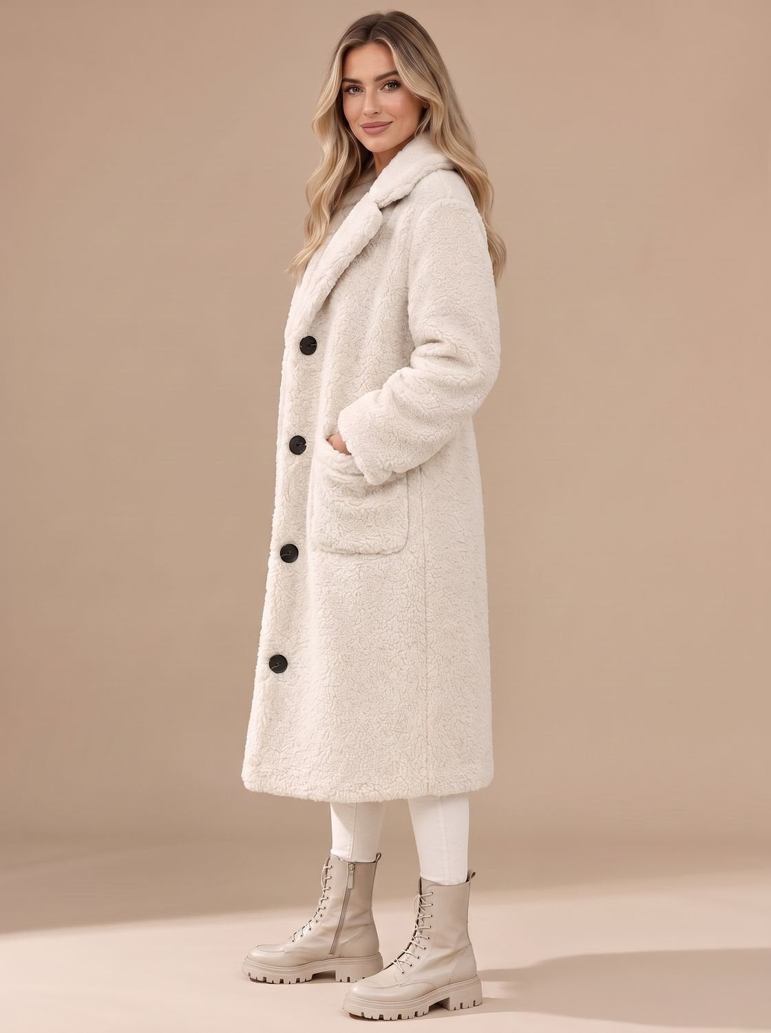 Hannah | Manteau en fausse fourrure pour femmes Manteau long en teddy Col à revers Boutonnage
