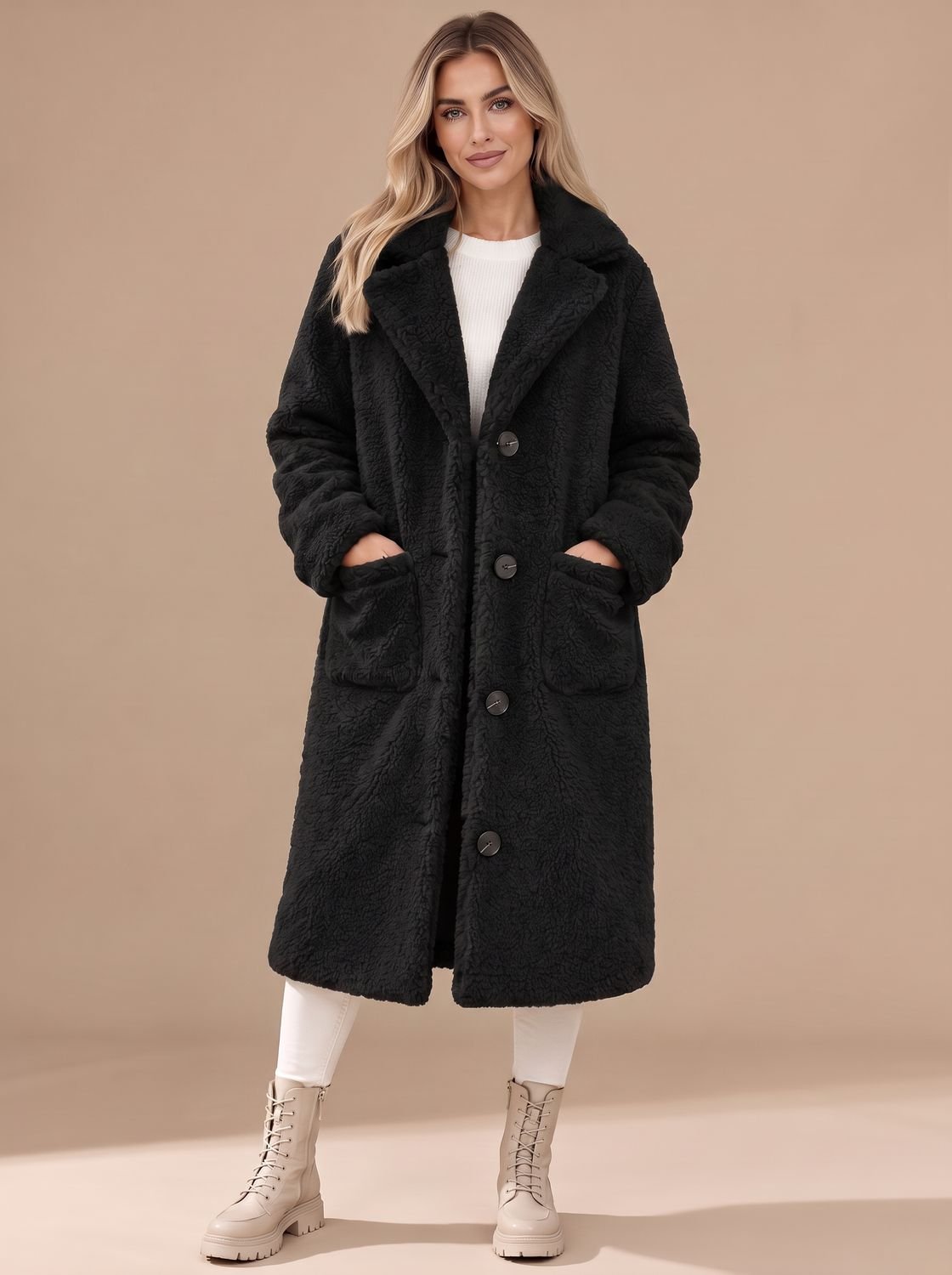 Hannah | Manteau en fausse fourrure pour femmes Manteau long en teddy Col à revers Boutonnage