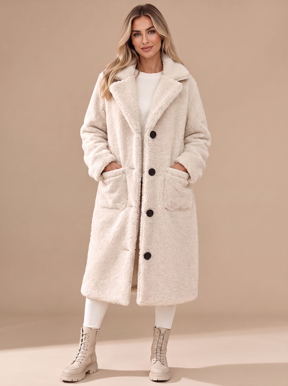 Hannah | Manteau en fausse fourrure pour femmes Manteau long en teddy Col à revers Boutonnage