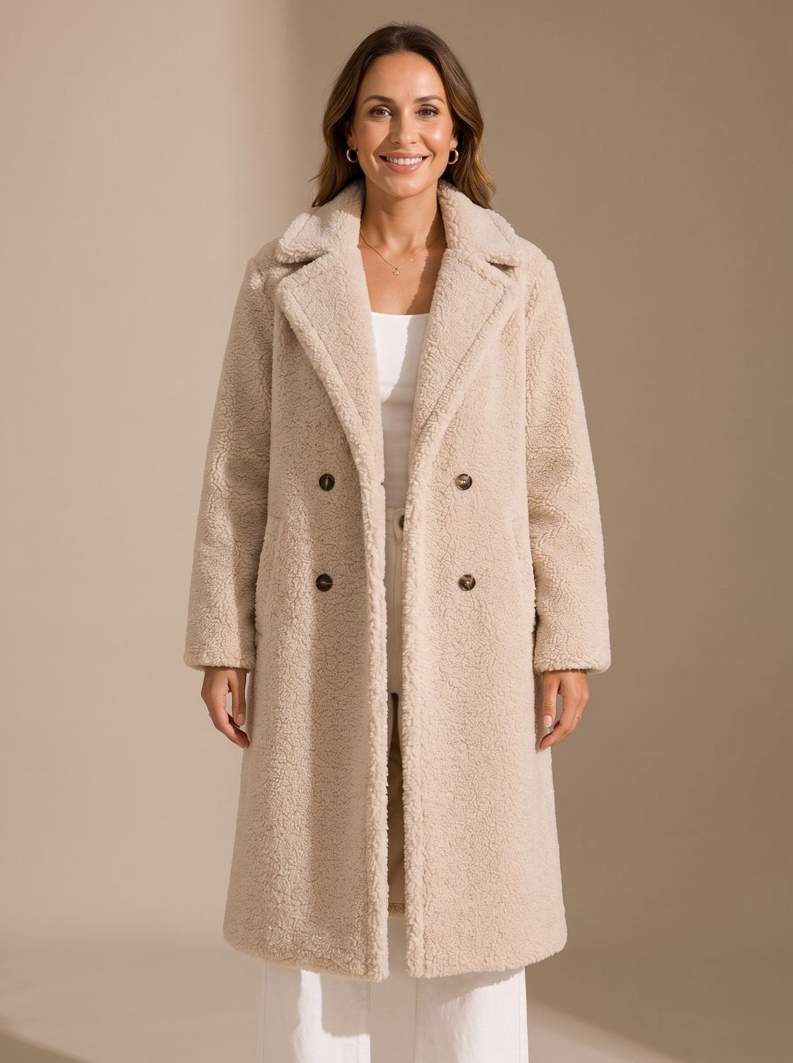 Elfriede | Manteau en fausse fourrure pour femmes, long, à double boutonnage, Teddy Coat Beige