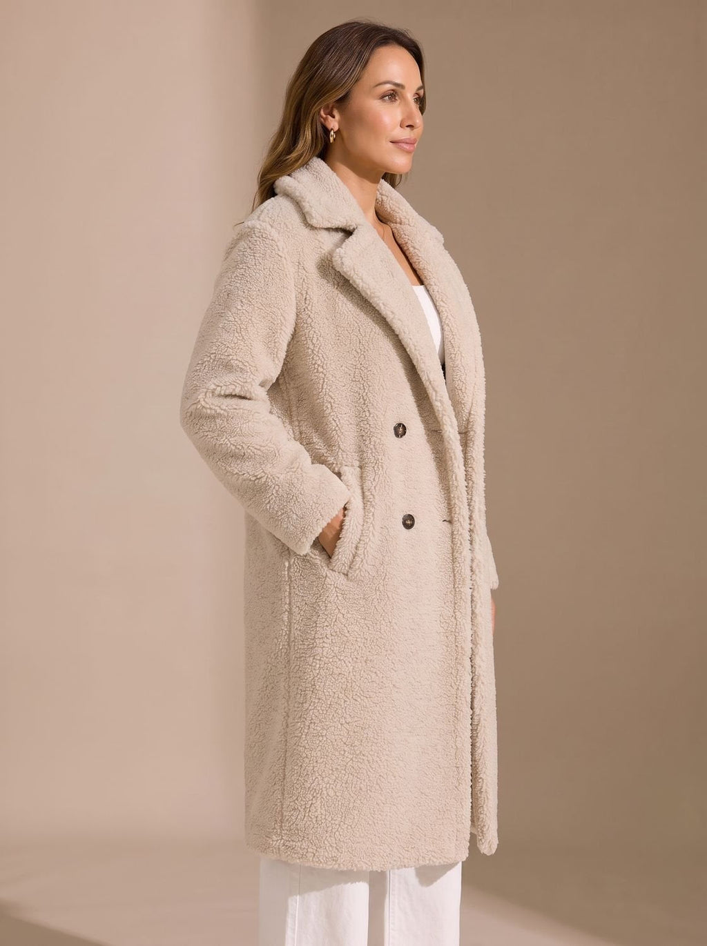 Elfriede | Manteau en fausse fourrure pour femmes, long, à double boutonnage, Teddy Coat Beige